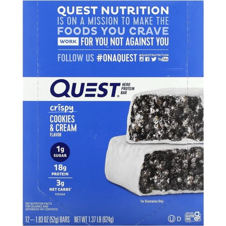 Quest Nutrition, Barres protéinées Hero, Cookies & Crème croustillant, 12 barres, 1,83 oz (52g) Chaque