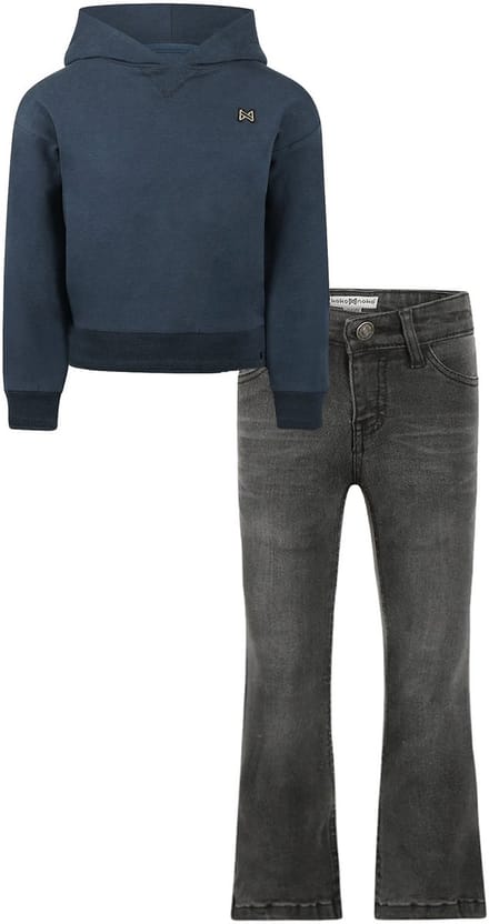 Koko Noko - Kledingset - Basic Collection - Bio Cotton - Dark grey Jeans flared - Sweater with hood dropped shoulder Navy - Maat 92