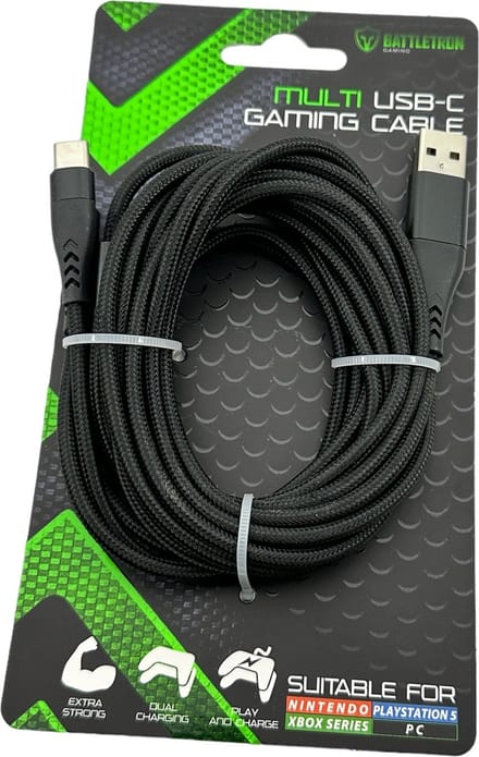 Battletron gaming kabel - USB A naar 2x USB C - PS5 Nintendo Xbox - 2 x 1.5 mtr + 1 mtr - Nylon - Zwart