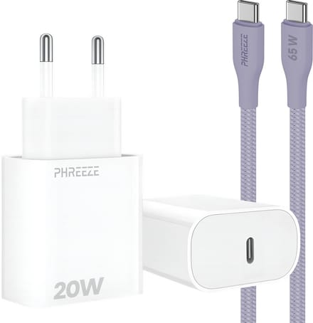 Power Delivery oplader met 20w usb C poort - Usb C kabel 1m paars - Usb C naar usb C