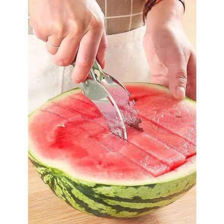1 Set Roestvrij Staal Watermeloensnijder, Watermeloenbolletjesmaker, Watermeloenschep met Pitverwijderaar, Multifunctioneel Fruit Snijgereedschap Keukengereedschap Silver Watermelon Cutter beige