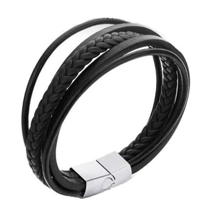 Zwarte Lederen Armband – Stalen Sluiting - Koordarmband