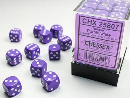 Chessex Opaque Purple/white D6 12mm Dobbelsteen Set (36 stuks)