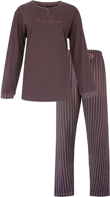 Medaillon Dames Pyjama - Lange Mouwen - Lange broek - Bruin - Maat S
