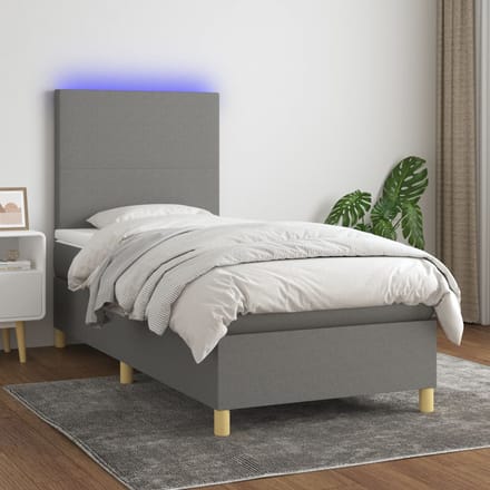 vidaXL - Boxspring - met - matras - en - LED - stof - donkergrijs - 90x200 - cm
