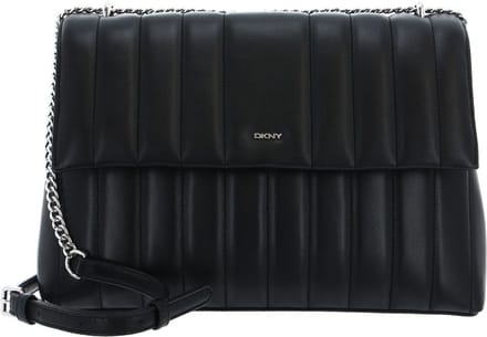 DKNY Leren Schoudertas Seva Logo Flap Shoulder Bag Black / Silver Zwart