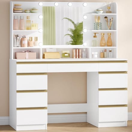 Kaptafel - Make-up tafel - Make-up aanbrengen - Verstelbare LED-verlichting - 107 x 140 cm - Wit-Goud