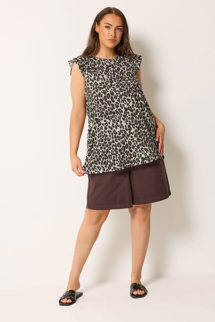 Yours Bruin Vestje Met Luipaardprint En Ruches Aan De Mouwen Size 44