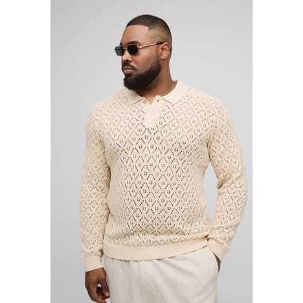 Plus oversized gehaakte poloshirt met lange mouwen | Natural | Size 2XL