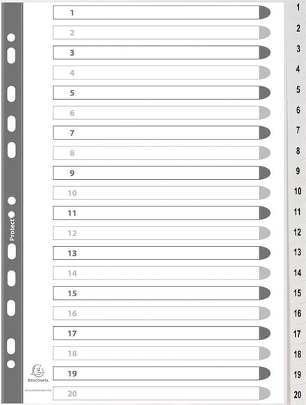 Exacompta Tabbladen met bedrukte tabs in gerecycled PP - 20 tabs - 1 tot 20 - A4 - Grijs - 1721E