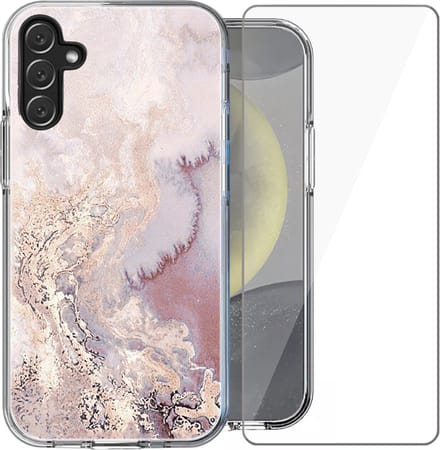 Hoesje geschikt voor Samsung Galaxy S24 Plus - Screen Protector Glas - Back Cover Marmer Siliconen Case Roze & Screenprotector