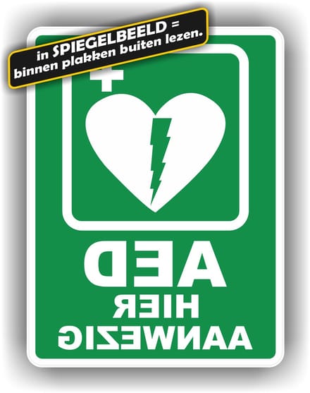 Jerma - AED hier aanwezig - Raamsticker - Spiegelbeeld - 15x17cm