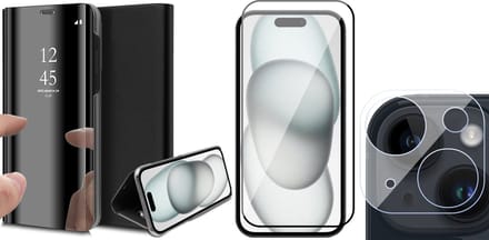 Hoesje geschikt voor iPhone 15 Plus - Screenprotector FullGuard & Camera Lens Screen Protector - Book Case Spiegel Zwart