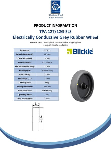 Wiel van 125 mm met grijs, elektrisch geleidend thermoplastisch rubber op een polypropyleen basis