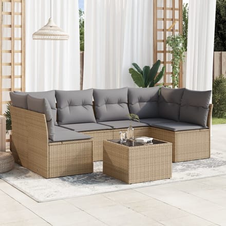 vidaXL - 7-delige - Loungeset - met - kussens - poly - rattan - beige