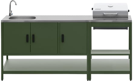 sweeek - 2 buitenkeukenmodules met barbecue op houtskool en gootsteen staal - naxos
