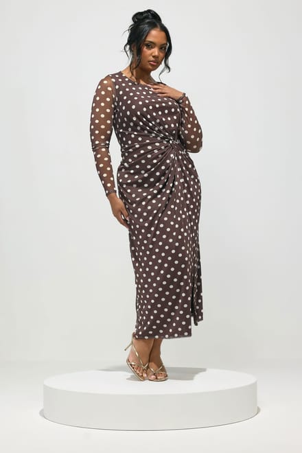 Yours London Chocoladebruine Jurk Met Polkastippen En Knoop Size Regular > 48