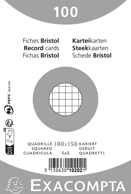 Exacompta 20x Pak 100 steekkaarten bristol in folie - geruit 5x5 niet geperforeerd 100x150mm - Wit - 10202E
