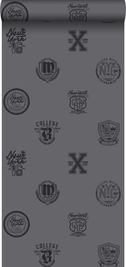 ESTAhome behang school emblemen donkergrijs - 53 cm x 10.05 m - 128806