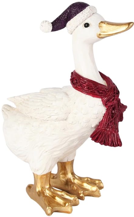 Dekoratief | Eend m/muts/sjaal, wit/rood/goud, resina, 9x15x20cm | A255074