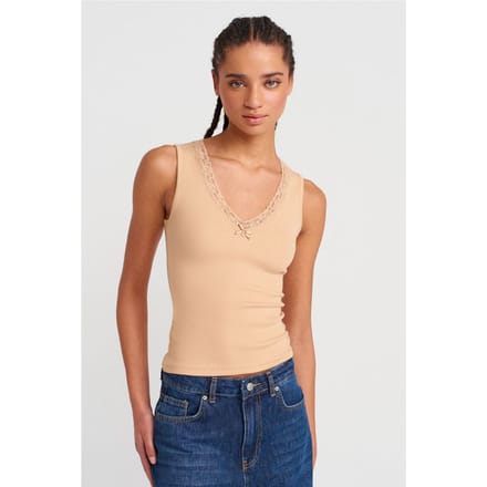 Mouwloze Kanten Geribde V-hals Blouse