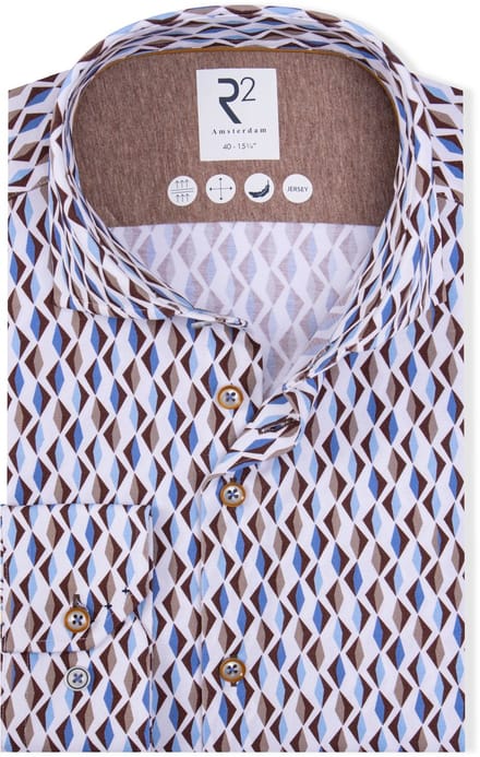R2 Overhemd Jersey Retro Print Beige Blue - Maat 39 - Heren - Overhemden Formeel