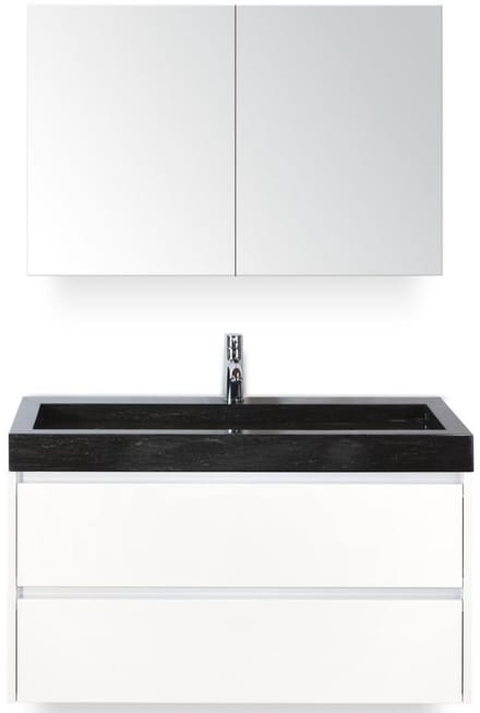 Dante Badmeubelset 100 cm - Wit Hoogglans - Wastafel Hardsteen Wit Lucca met Spiegelkast