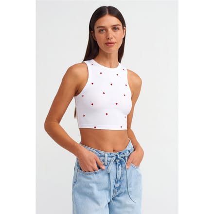Dames Geribbelde Hart Geborduurde Cropped Top