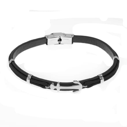 Zwarte Armband Heren met Anker - Leren - RVS Zilverkleur
