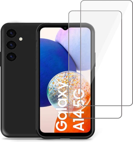 Hoesje geschikt voor Samsung A14 5G + 2x Screenprotector – Tempered Glass - Liquid Back Case Cover Zwart
