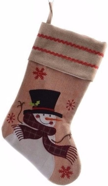Decoris kerst sok met sneeuwpop - bruin - jute - H45 cm - kerstversiering - kerstdecoratie