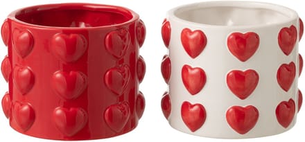 J-Line bloempot Harten Motieven - keramiek - wit/rood - small - set van 2