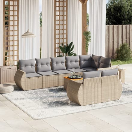 vidaXL - 9-delige - Loungeset - met - kussens - poly - rattan - beige
