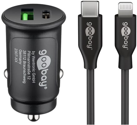 Goobay autolader met 1x USB-A QC en 1x USB-C PD en losse Lightning kabel | 27W
