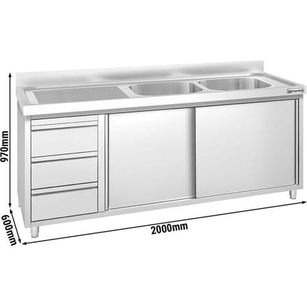 GGM Gastro Spülschrank PREMIUM - 2000x600mm - mit 3 Schubladen & 2 Becken rechts