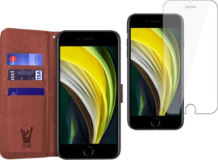 Hoesje geschikt voor iPhone SE 2022 / 2020 / 8 / 7 - Screen Protector GlassGuard - Book Case Kunstleer Pasjeshouder Bruin & Screenprotector