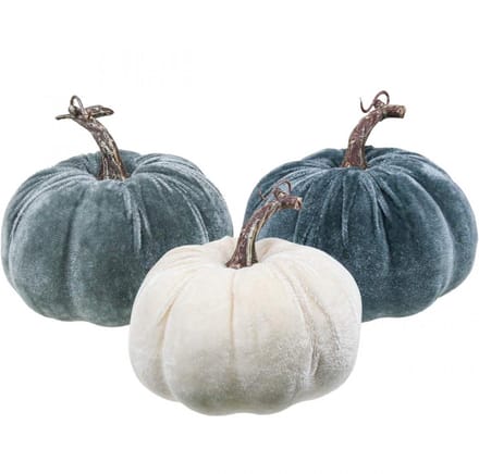 Pompoendecoratie herfst beige grijs geflockt H11cm Ø12cm 3 st, 3 Stück