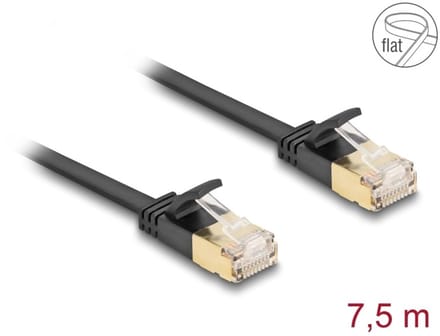 Delock RJ45 Network Cable Cat.6A plug to plug with robust latch and Cat.7 raw flat cable U/FTP 7.5 m black