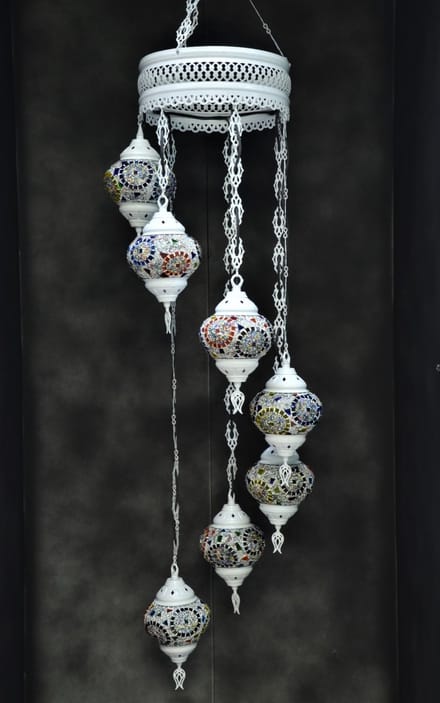 Hanglamp multicolour bruin zwart wit glas mozaïek Oosterse lamp kroonluchter Crèmewit 7 bollen