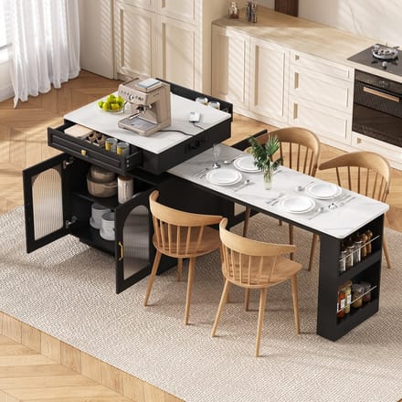 Sweiko Keukeneiland - Met wieltjes - LED verlichting - Uitschuifbare eettafel - Dressoir - Bartafel - Zwart