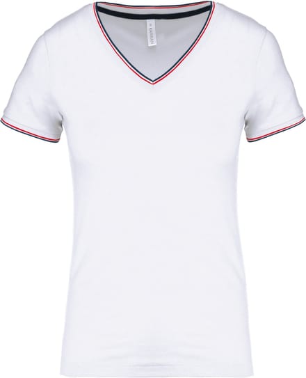 Kariban Dames-t-shirt piqué V-hals K394 - White / Navy / Red - S