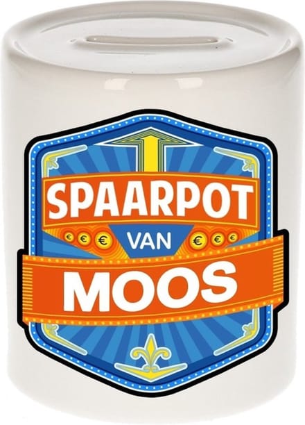 Bellatio Decorations Kinder spaarpot met naam - Moos - keramiek - met dop - wit - Sparen - Spaargeld van Moos
