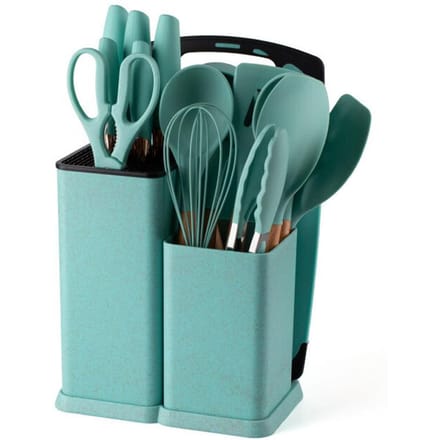 19-delige keukengerei set houten handvat siliconen kookgerei set met houder food-grade groen