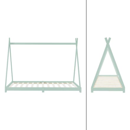 ML Design tipi serie kinderbed 90x200 cm mint massief grenen hout met lattenbodem speelbedframe in tentvorm huisbed voor jongens en meisjes met uitvalbeveiliging naturel kleur junior bed kinderhuis vloerbed stabiel houten jeugdbed