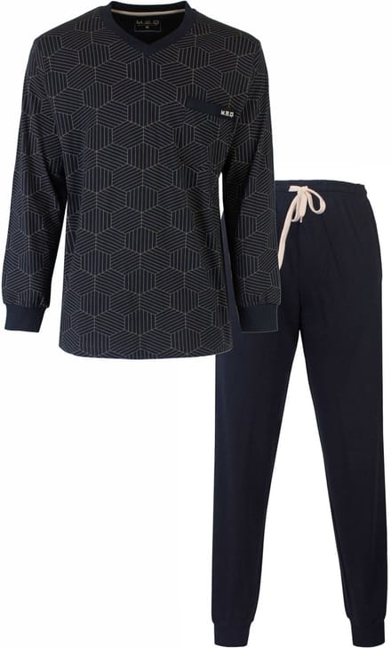 MEQ Heren Pyjama - Geprint Dessin - V Hals - Navy Blauw - Maat M