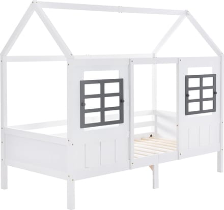 Huisbed, eenpersoonsbed, dagbed, kinderbed met 2 ramen, frame van grenen, MDF, wit (200x90cm)