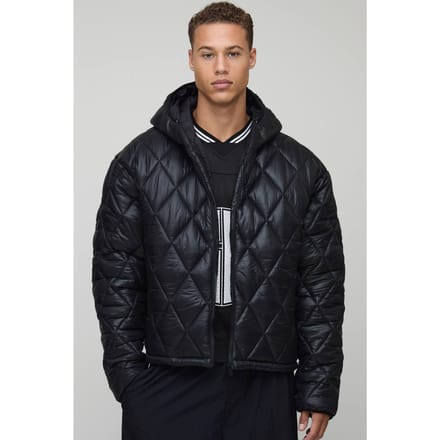 Hoge oversized boxy hoogglanzende gewatteerde capuchon funnel puffer jas | Black | Size Medium