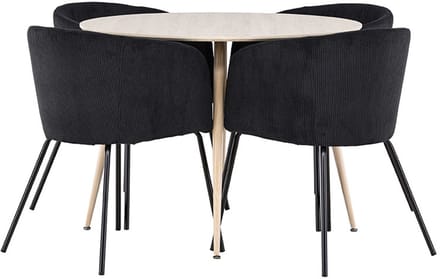 Plaza eethoek tafel Ø100cm en 4 fluwelen stoelen met armleuningen whitewash.