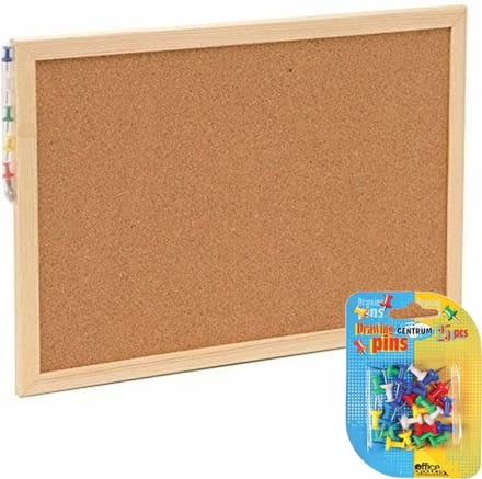 Prikbord incl. 25x punaises gekleurd - 30 x 45 cm - kurk