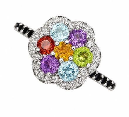 925 Zilveren Multicolor Edelsteen Ring met CZ – Rhodium Plated Luxe Bloem Ring met Amethist, Peridot, Citrien & Topaas – Dames Ring